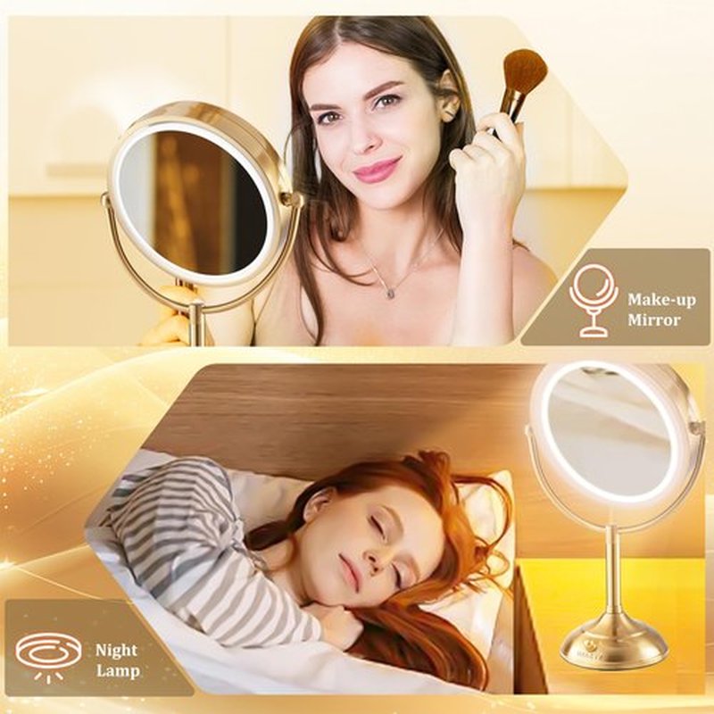 VESAUR 8.5'' Large Gold Lighted Makeup Mirror, 1X/10X Clear Seamless Magnifying Mirror, Bright Vanity Mirror with 3 Colors Dimmable Lights, Two-Sided 360°Rotation Stable Base, Luxury Nickel, Gift Box