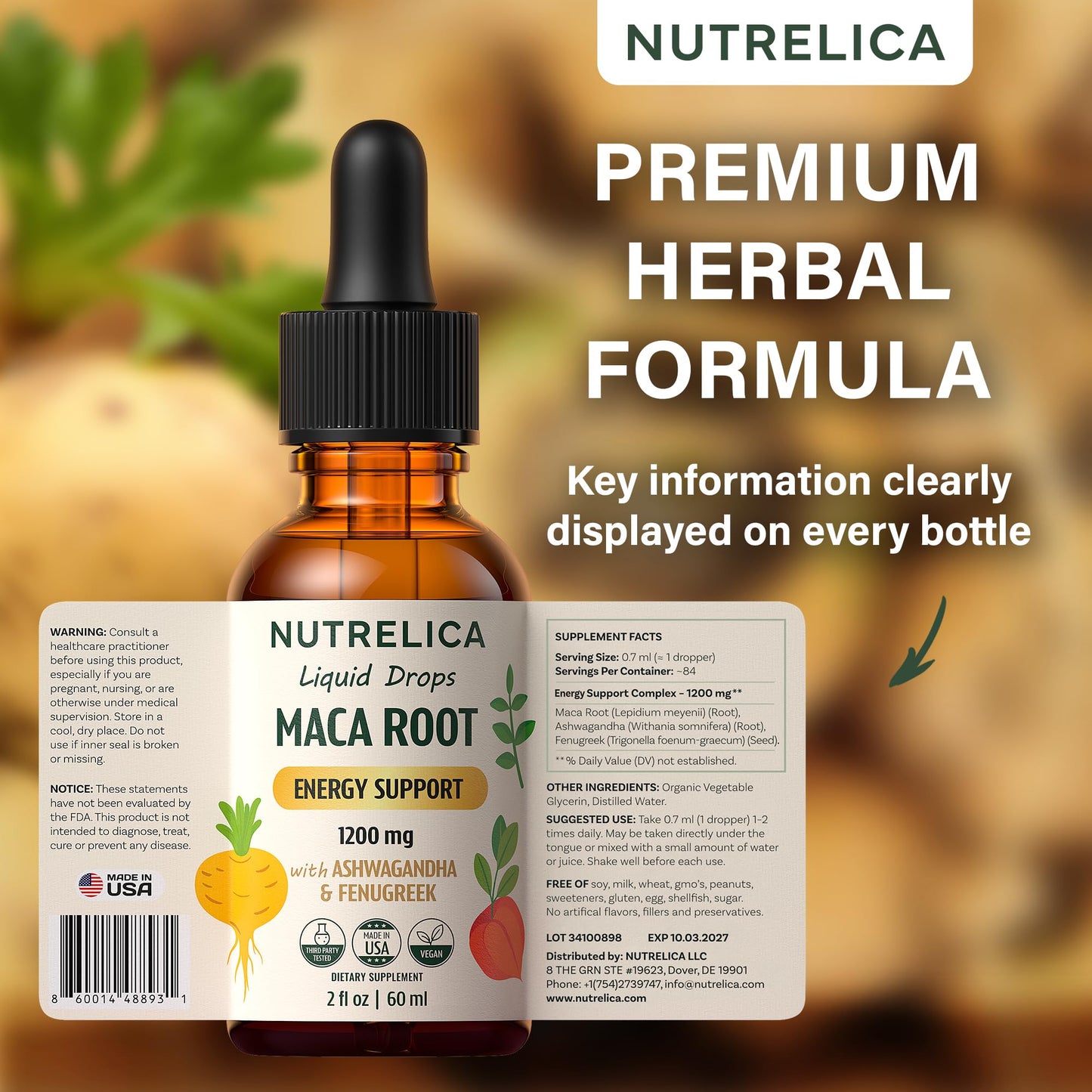 NUTRELICA Maca Root with Ashwagandha & Fenugreek – Herbal Wellness & Vitality Support – 1200mg, No Sugar, Vegan, Non-GMO