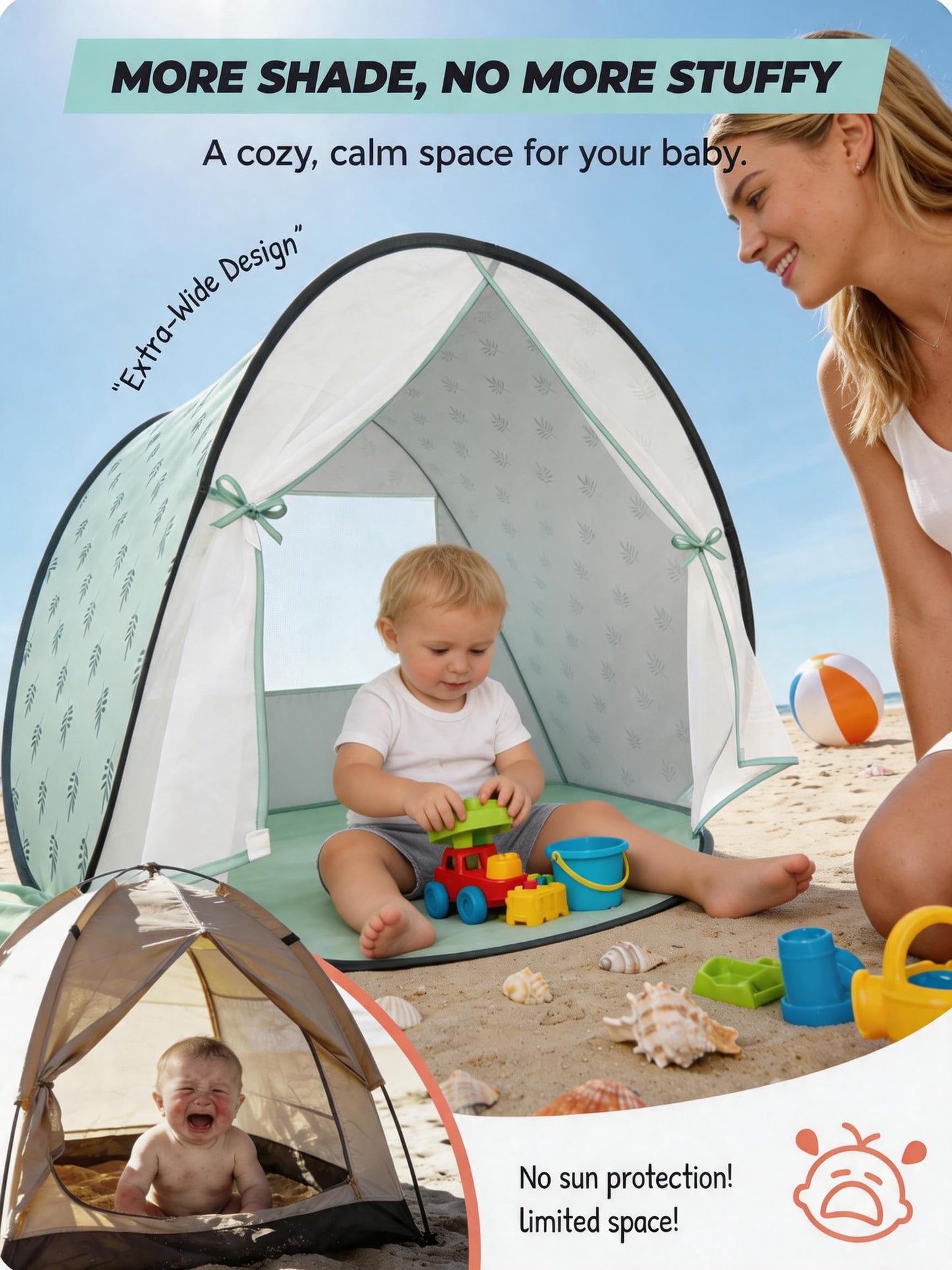WEMOH Baby Beach Tent, 2026 Upgrade Pop-Up UPF 50+ Sun Protection with Mosquito Net Shelter Canopy Portable Outdoor Shade Summer Essentials for Babies Toddlers- Green Leaves