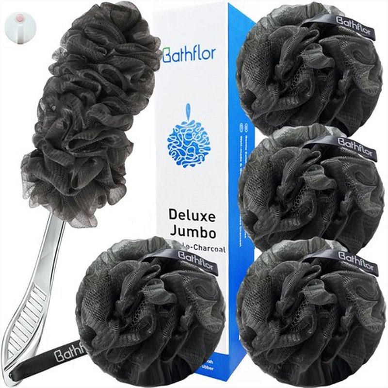 Bathflor Shower Loofah Sponge Exfoliating Body Scrubber 80g, Charcoal Loofa for Women & Men Bath Wash: 1 Long Handle Back Brush Plus 4 Packs Extra Large 80g Soft Mesh Luffa Poufs, 1 Lufa Hook (Gray)