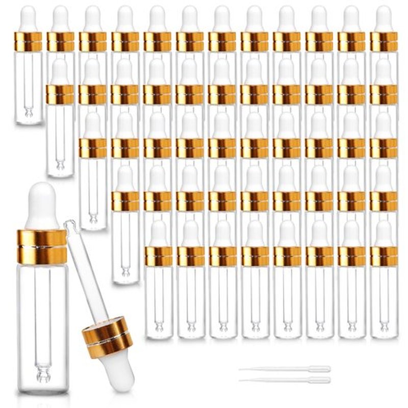 Comrzor 50 Pack 5ml Clear Glass Dropper Bottles with 2 Pcs Plastic Droppers, Mini Sample Dropper Bottles for Essential Oils Perfume Cosmetic Liquid, Empty Travel Sample Vials with Gold Cap