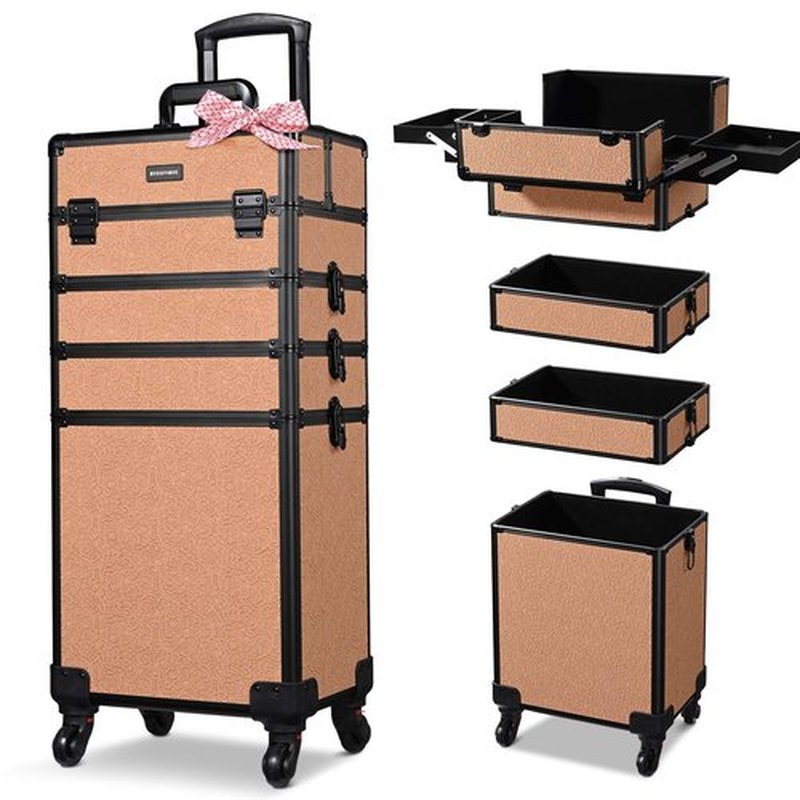 BYOOTIQUE Rolling Makeup Train Case 4in1 Cosmetic Trolley Organizer Travel Case Lockable Salon Barber Case with Wheels for Makeup Artist Trave Nail,Rococo Coral