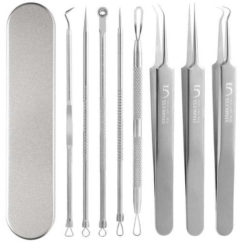 FEITA Blackhead Remover Comedone Extractor Tool, Face Black Head Needle & Curved Tip Acne Tweezers Kit with Metal Box, Facial Stainless Pimple Removal Tools Kit for Nose, Silver 8Pcs