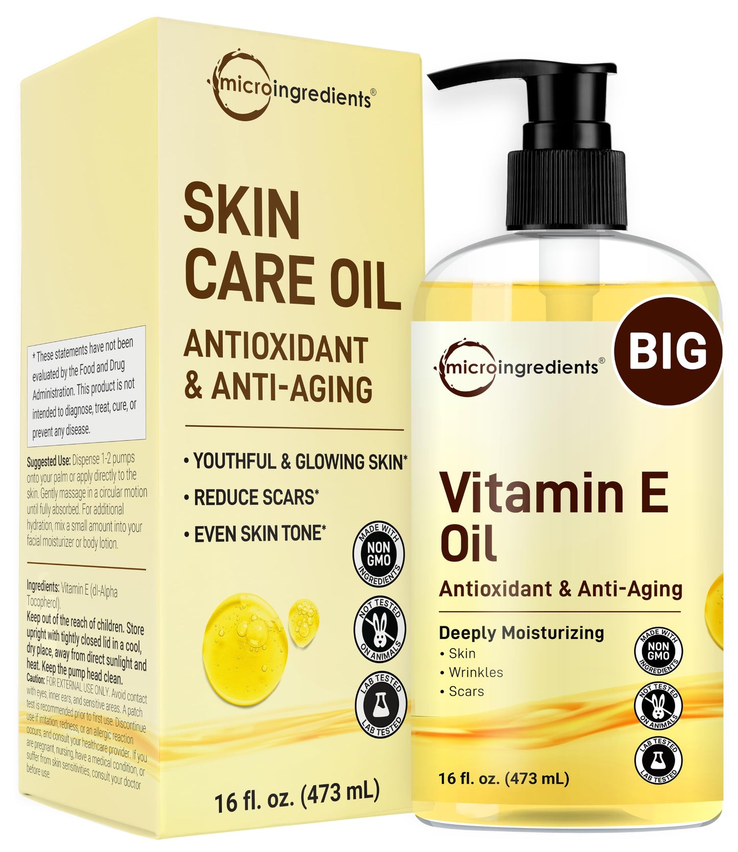 Micro Ingredients Bulk Size Vitamin E Oil 40,000 IU, 16 fl oz – Deep Moisturizing Skin, Face & Hair Oil for Dry Skin, Scars & Stretch Marks* – Fragrance-Free, Non-GMO, Cruelty-Free