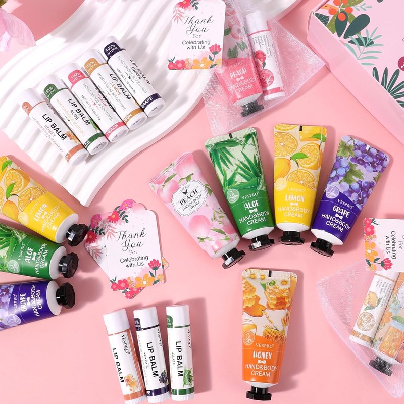Hand Cream and Lip Balm Set - 10 Pack Gift Set for Moms, Teachers, Nurses | Includes Thank You Cards & Organza Bags