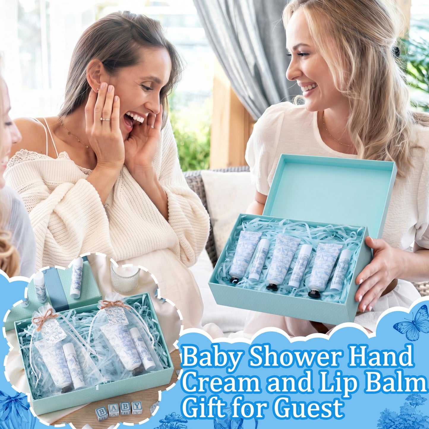 Qunclay 30 Sets Toile De Jouy Baby Shower Hand Cream and Lip Balm Gift Set Blue Chinoiserie Safari Animals Travel Size Hand Lotion Lip Balm Gifts Baby Bridal Shower Party Supplies for Guests