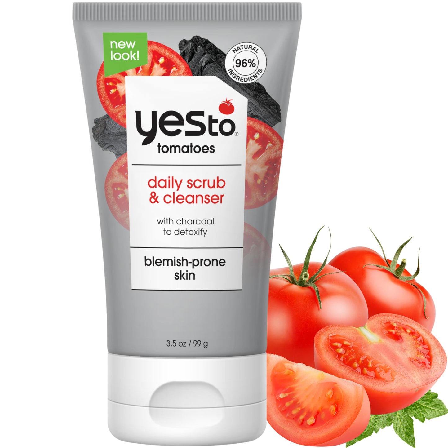 Yes To Tomatoes Clear Skin Detoxifying Charcoal Deep Cleansing Scrub 3.5 Oz, For All Skin Types To Deep Clean & Purify Skin, Vegan With 96% Natural Ingredients