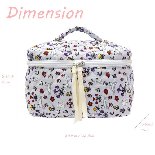 PAZIMIIK Cotton Makeup Bag for Women Large Quilted Travel Cosmetic Case Girls' Make Up Organizer,Bunny Blue