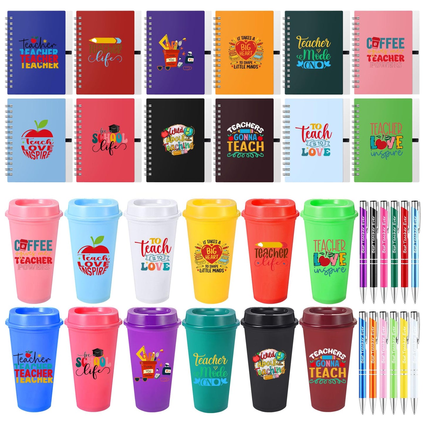 Skylety 36 Pcs Teacher Appreciation Gift Bulk, End of Year Thank You Gifts, 16 oz Reusable Plastic Coffee Cup with Lid, Inspirational Notebooks and Ballpoint Pens for Graduation Office(Teacher Life)