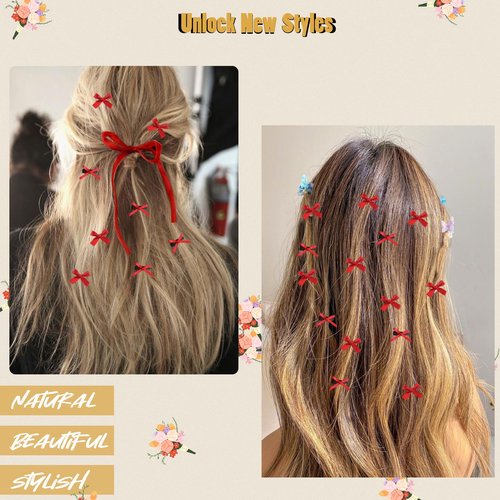 SAOROPEB Mini Hair Bows for Women Girls Cute Hair Clips Small Alligator Long Tail Hair Ribbon Accessories -3 Styles -22P - Red