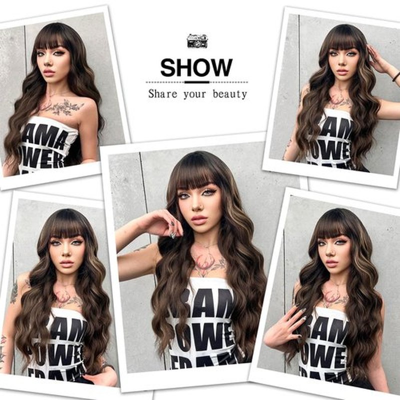 BOGSEA Brown Wigs with Bangs Long Wavy Wig for Women Brown Highlights Wigs with Bangs Synthetic Heat Resistant Fiber Wigs for Daily 26 Inch