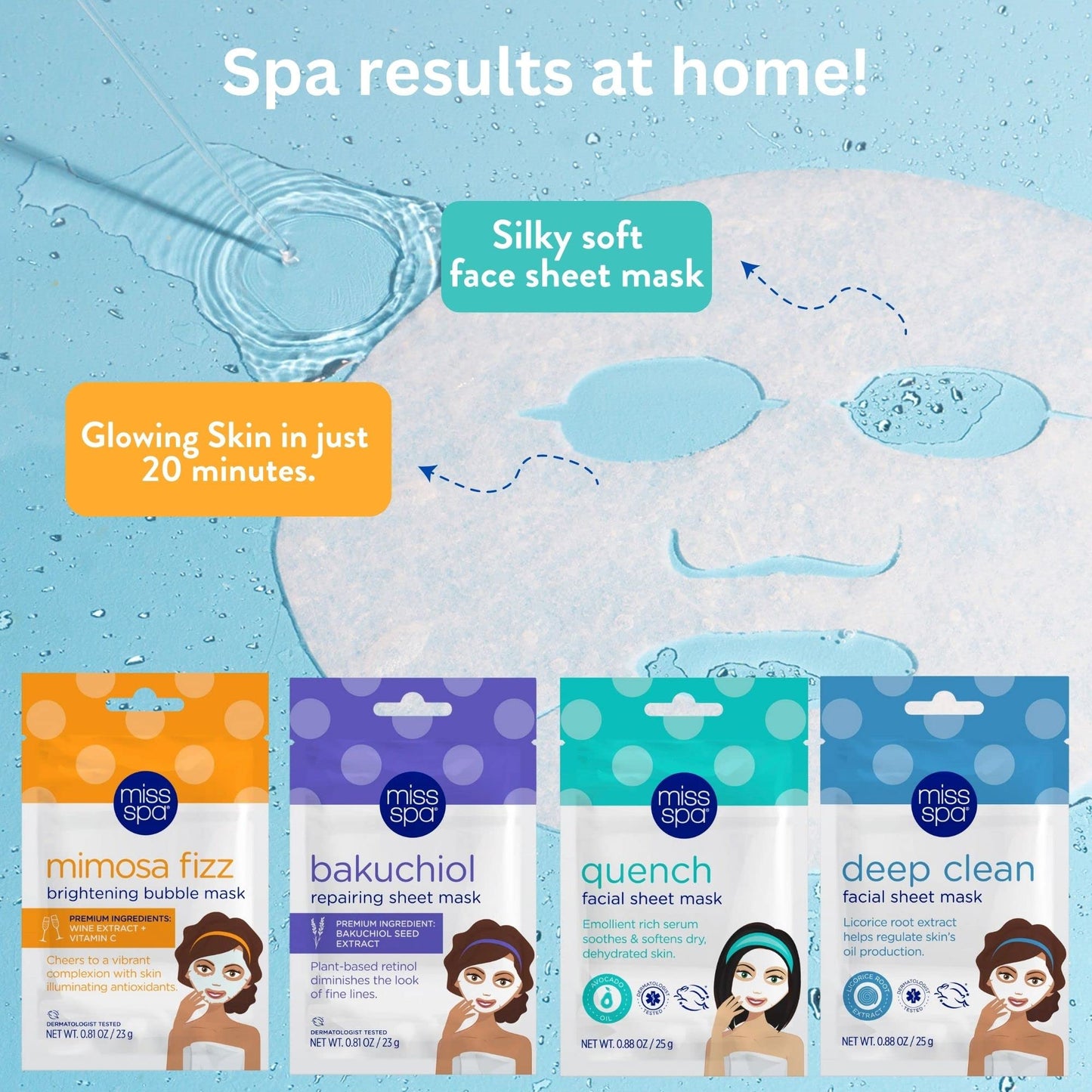 MISS SPA Face Mask Skin Care Set for Women, Deep Clean Face Mask, Quench, Mimosa fizz, Bakuchiol Facial Sheet Mask, Anti-Aging, Anti-Wrinkle, Hydrating Face Mask Skin Care, 4-Pack