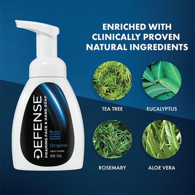 Defense Liquid Foaming Face & Hand Soap 7.5 Fl Oz with Tea Tree, Eucalyptus, Jojoba, Aloe Vera, Olive & Coconut Oils