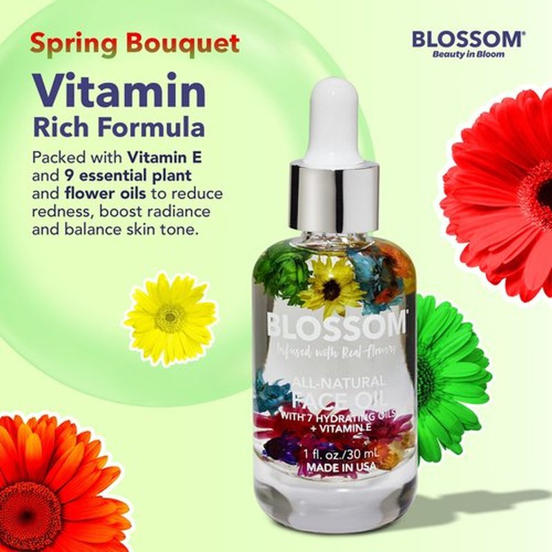 Blossom Unscented All Natural, Vegan, Cruelty Free Face Oil with Vitamin E, Infused with Real Flowers, Made in USA, 1 fl. oz., Spring Bouquet