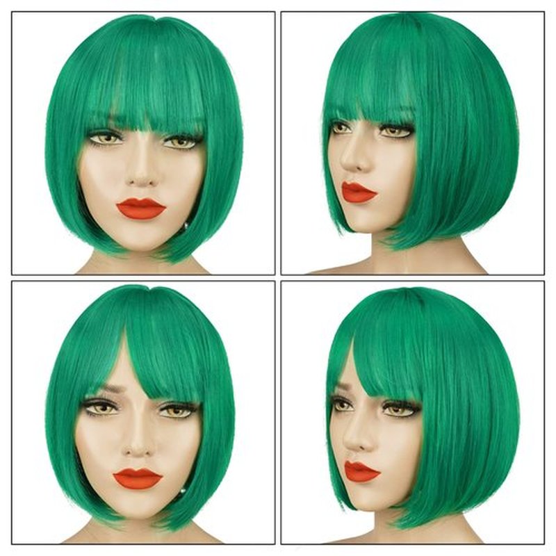 SOFEIYAN Short Straight Bob Wigs with Bangs 11 inch Synthetic Daily Party Cosplay Hair Wig for Black Women, Green
