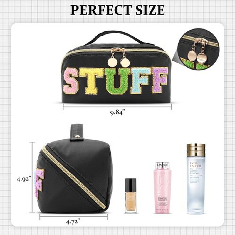 LONEDREAM Stoney Clover Preppy Makeup Bag, Large Capacity Travel Cosmetic Bag, Chenille Letter Open Flat Nylon Stuff Makeup Bag, Preppy Patch Better Belt Everything Makeup Bag, Black