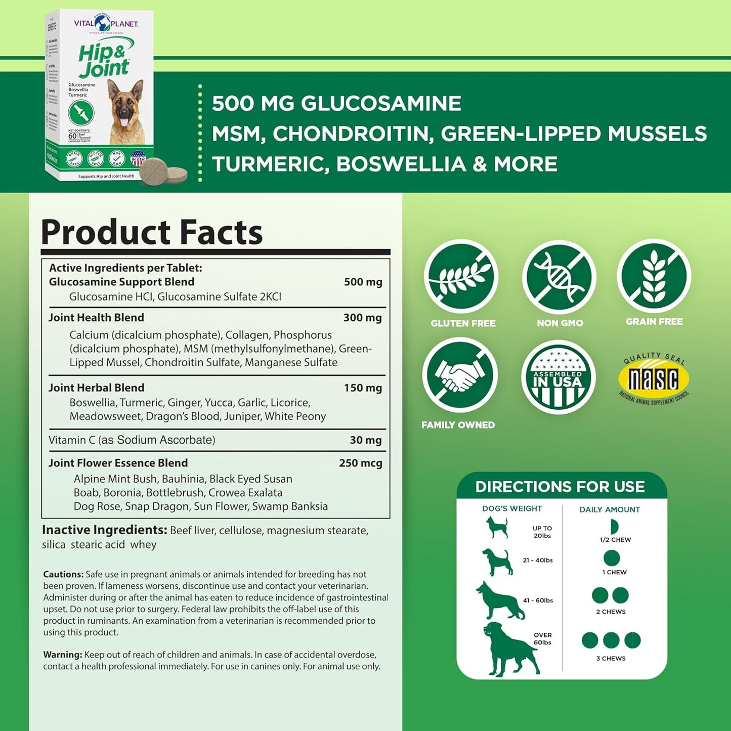 Natural Hip & Joint Supplement for Dogs - Herbal Blend with Green Lipped Mussel, MSM & Glucosamine - Beef Flavor (60 Chewable Tabs)