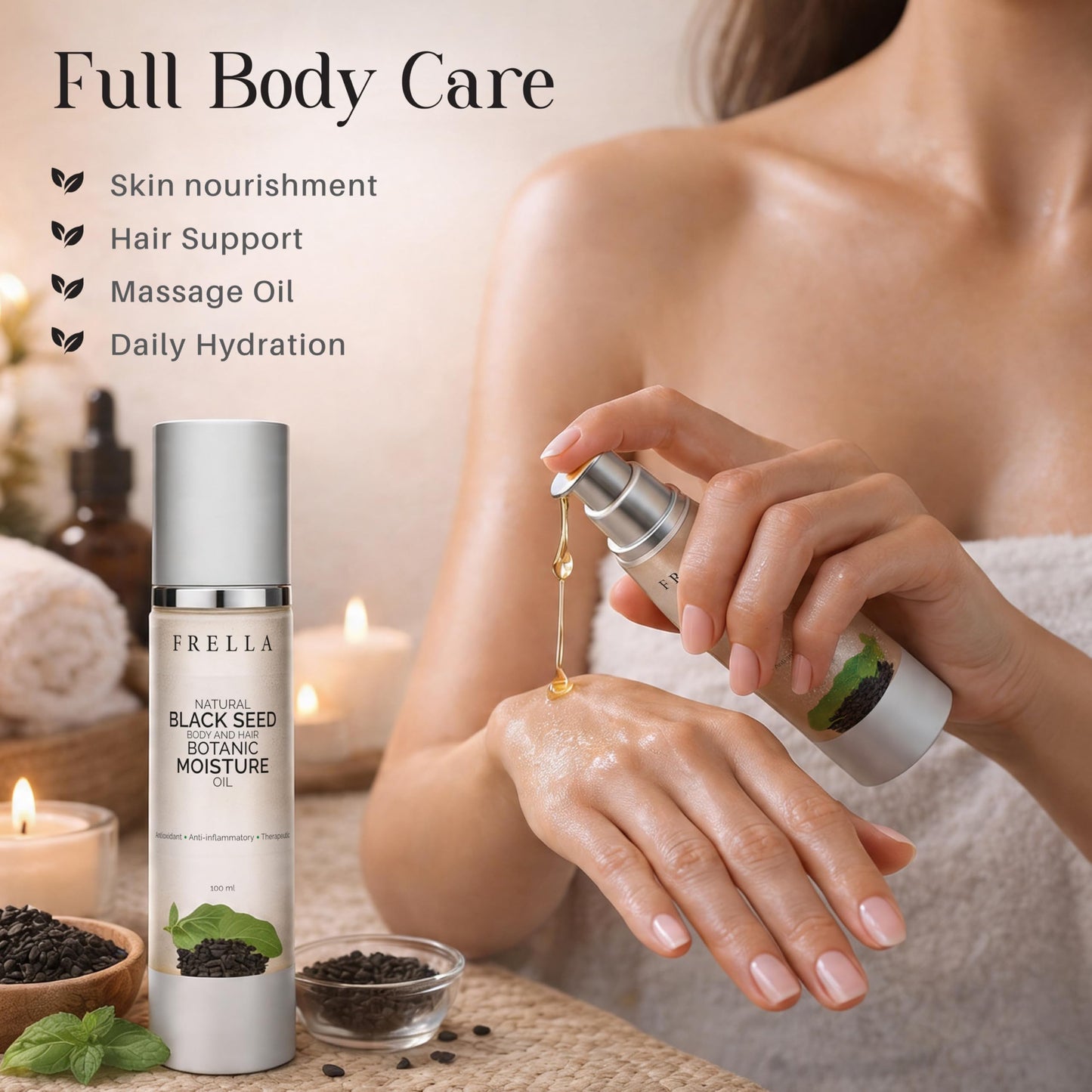 Frella Natural Black Seed Oil, For Body, Face and Hair, Travel Pack Botanic Moisturizing Oil, plant-based ingredient, For Female and Male, Size 3.4 fl oz