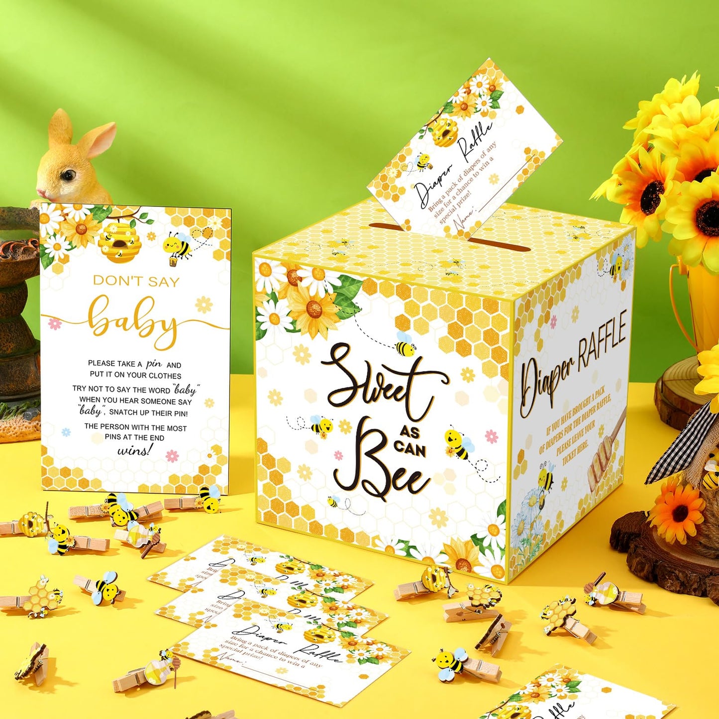 Dispowreath 102 Pcs Baby Shower Game Supplies Diaper Raffle Tickets with Diaper Raffle Card Box Don't Say Baby Sign Mini Clothespin Shower Game Decor for Gender Reveal (Bee)