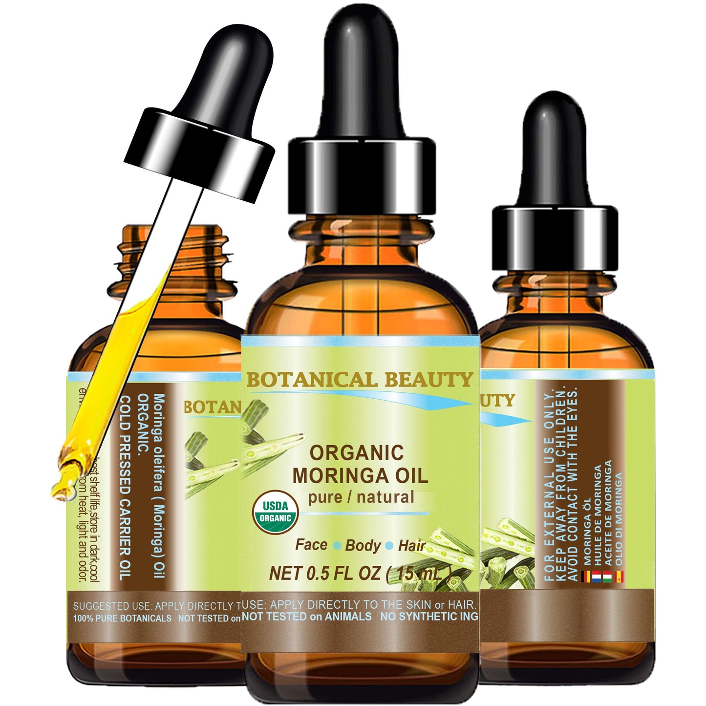 Botanical Beauty‎ Organic Moringa Oil 100% Pure Natural Undiluted 0.5 Fl.oz.- 15 ml. for Face Skin, Hair, Lips, Body, Nails Rich in Vitamin C, Vitamin E