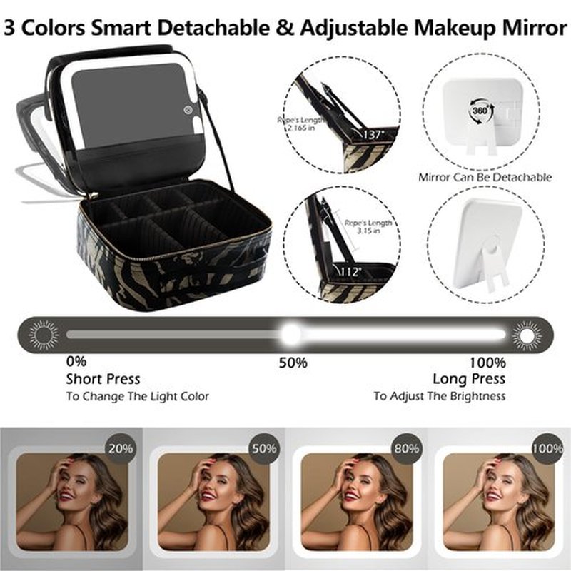 MOMIRA Makeup Train Case Makeup Bag with Light up Mirror Cosmetic Bag Organizer Detachable Portable Travel Makeup Case with Adjustable Dividers Makeup Brushes Storage, Waterproof,Zebra-Beige