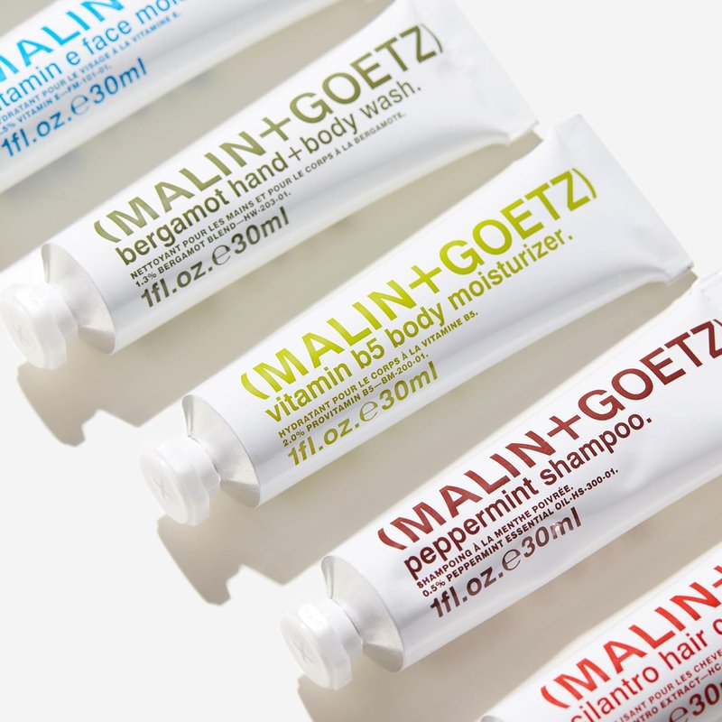 MALIN+GOETZ Travel Kit - Six Vegan Essentials for Face, Body & Hair | Grapefruit Cleanser, Vitamin E Moisturizer, Peppermint Shampoo | 6 x 1 oz