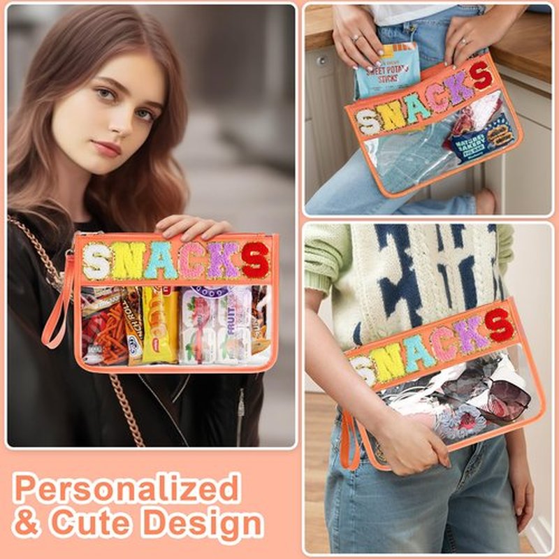 Snack Bag for Travel - Clear Chenille Varsity Letter Flat Pouch with Zipper, Waterproof Clear PVC&PU Preppy Patch Makeup Cosmetic tote Bags for Women Girls (Orange-Snacks)