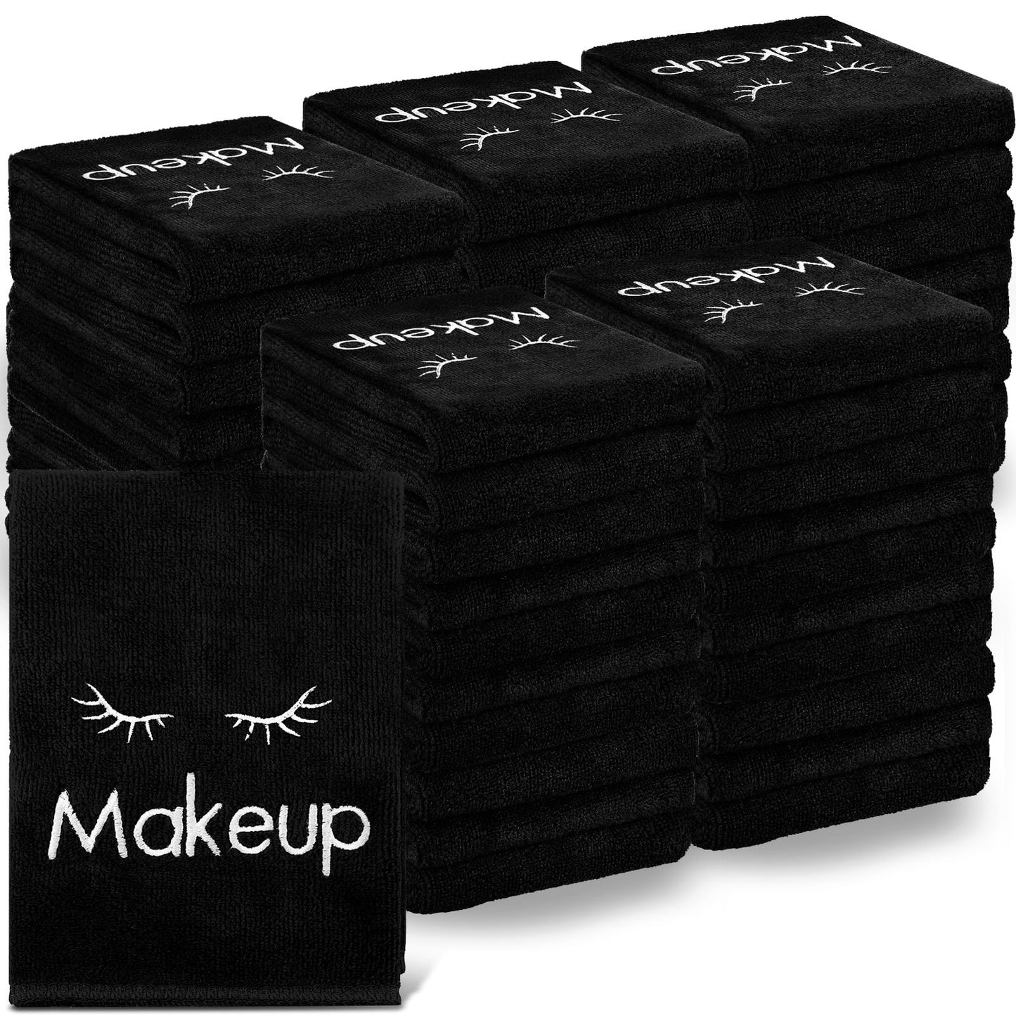 Vabean 50 Pcs Microfiber Black Makeup Washcloths for Face 13 x 13 Inches Makeup Remover Towels Reusable Absorbent Removers Face Wash Cloth with Embroidery for Women