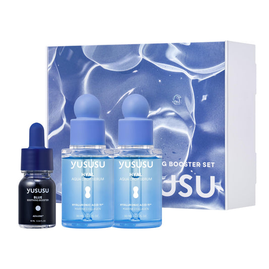 YUSUSU Aqua Soothing Booster Set - Hyaluronic Acid Serum & Azulene Ampoule for Dry, Sensitive & Troubled Skin l Moisturizing, Calming l Korean Skincare l 0.34 fl.oz. & 1.01fl.oz. x2ea