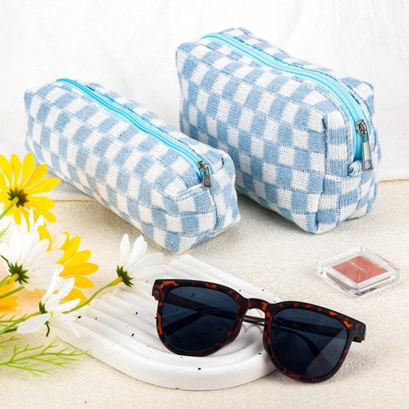 ZLFSRQ 2Pcs Checkered Makeup Bag for Women Pencil Pouch Travel Small Cosmetic Bag Set Cute Makeup Pouch Purse Pencil Case Pencil Bag Zippered Toiletry Bag Organizer Preppy Trendy Storage Bag(Blue)