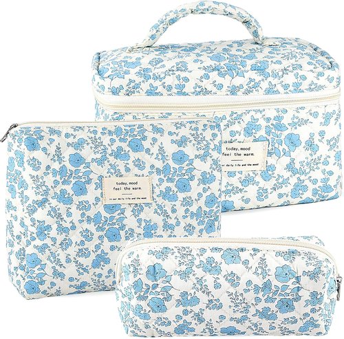 URSKYTOUS 3Pcs Cotton Quilted Makeup Bag for Women Extra Large Small Travel Cosmetic Bag Set Cute Blue Floral Print Makeup Pouch Portable Toiletry Bag Organizer Coquette Vintage Puffy Travel Essential