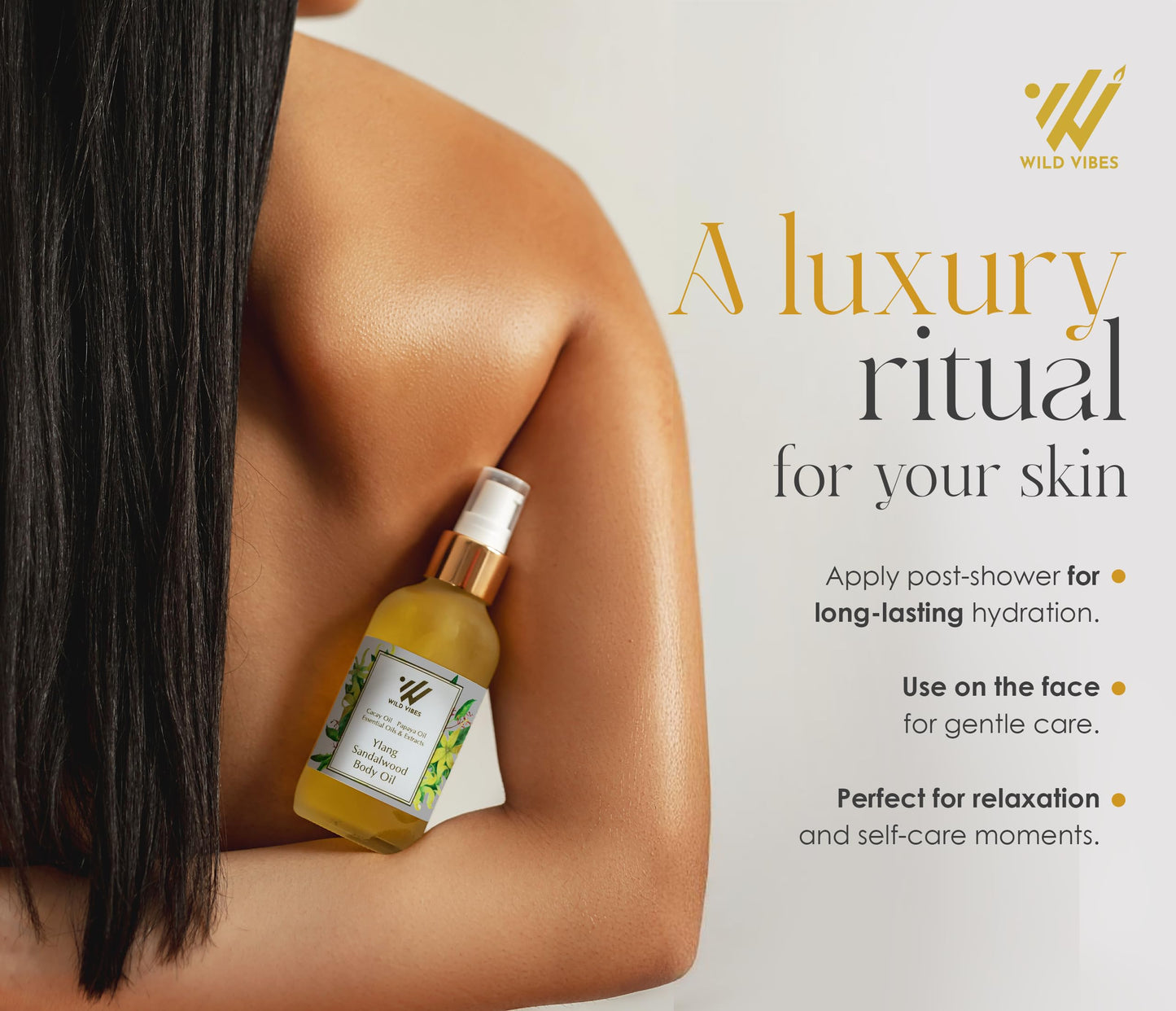 Wild Vibes Ylang Sandalwood + Amber Body & Massage Oil - Hydrating Jojoba, Papaya Seed Oil, Vitamin E, Lupine Seed Extract for Collagen production – Nourishing Oil for all skin types 4oz