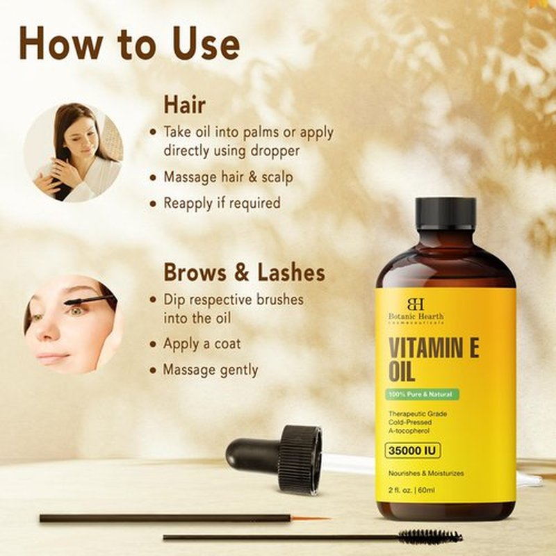 Botanic Hearth Vitamin E Oil | 100% Pure and Natural oil for Growth of Nails, Hair, Eyebrows & Eyelashes | 35,000 IU | Hair & Body Oil with Eyebrow & Eyelash Brush| 2 Fl Oz