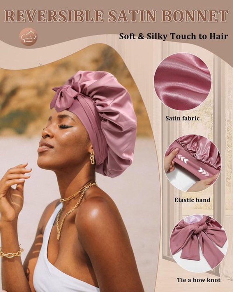 Reversible Satin Bonnet for Sleeping Women Silk Bonnet Double Layer Hair Bonnet with 2PCS Hair Scrunchies Elastic Tie Band Night Cap Hair Wrap for Natural Curly Hair (Bean Paste + Pink)
