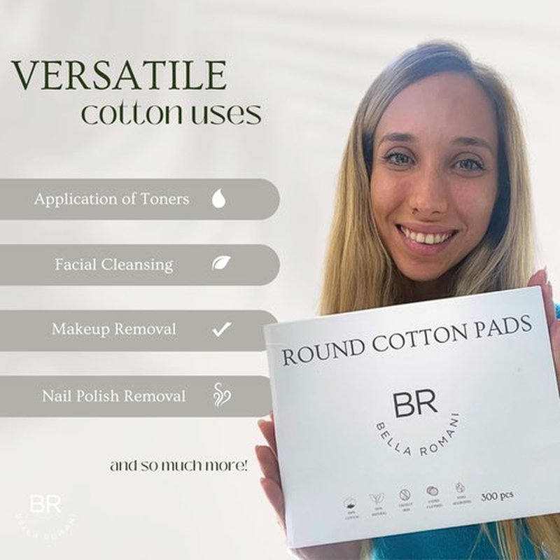 Bella Romani Cotton Rounds Makeup Remover Pads - Pack of 300 - Organic Pads, Lint Free, Eco-Friendly, Compostable, Unique Triple Layers & Ultra Soft - Nail Polish Remover (White, 300 Count)