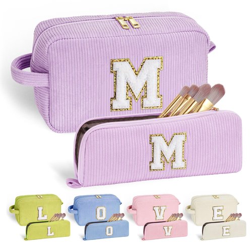 YOOLIFE Girl Gifts Travel Makeup Bag - Purple Makeup Bag Make Up Bag Travel Cosmetic Bags for Women Corduroy Makeup Bag Cute Makeup Bag Personalized Best Friend Birthday Gifts for Women Her Letter M