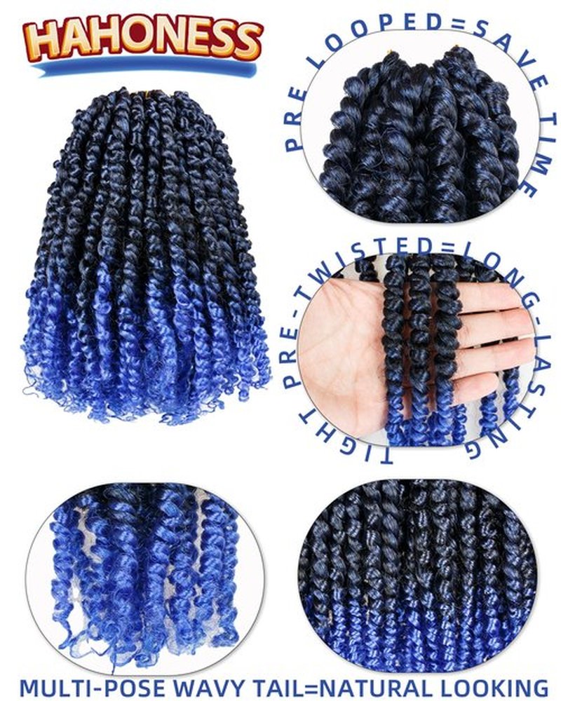 hahoness 10 Inch 8 Packs Pre Looped Passion Twist Crochet Hair for Black Women and Kids-Ombre Blue, Super Soft Bouncy Synthetic Braided Hair Extensions(10 Inch-8 Packs,T1B/Blue)
