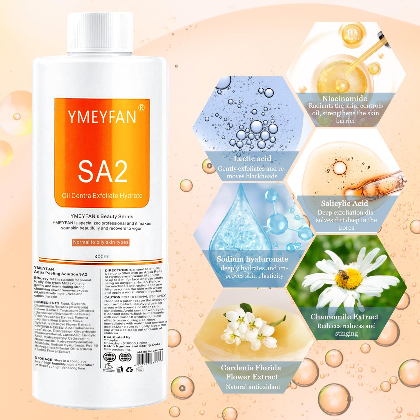 YMEYFAN SA2 Solution (English Ver.), Aqua Peeling Solution for Hydrogen Oxygen Facial Machine Professional, Facial Deep Cleansing for Oily-Prone Skin Exfoliate Serums for Face Skin Care(400mlx3PCS)