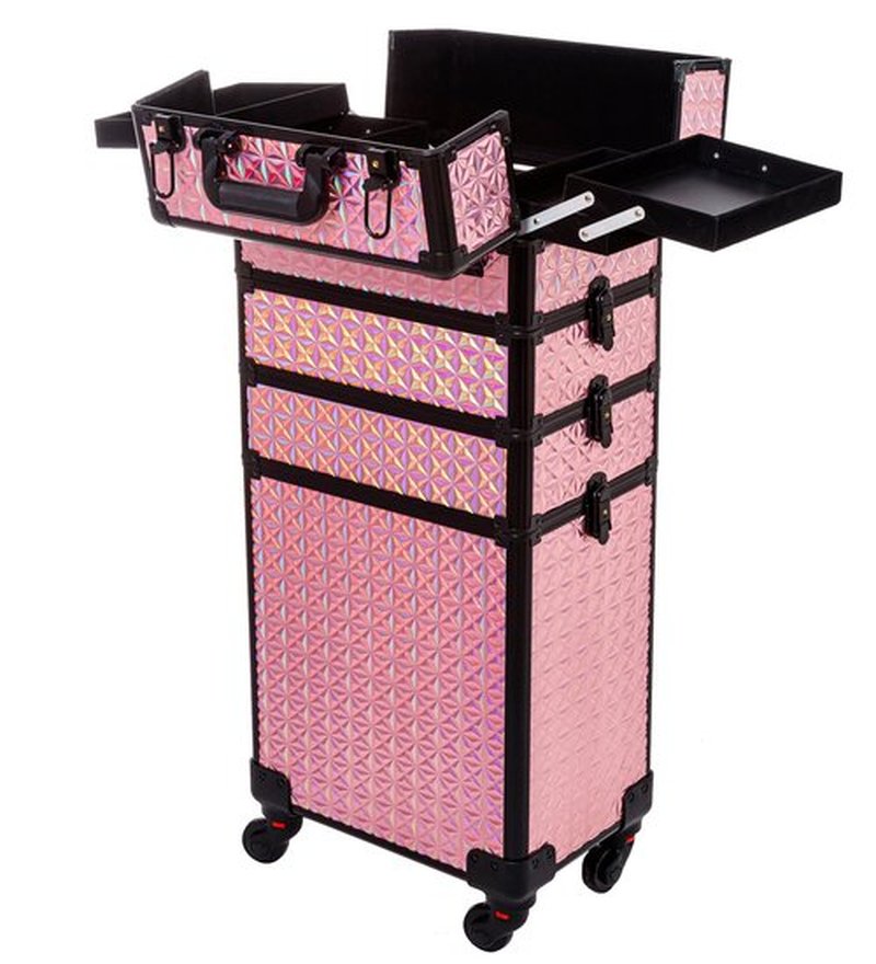 AROUS 5 in 1 Professional Makeup Train Case Aluminum Cosmetic Case Rolling Makeup Case Extra Large Trolley Makeup Travel Organizer, with 360° Swivel Wheels, Pink, JG0001
