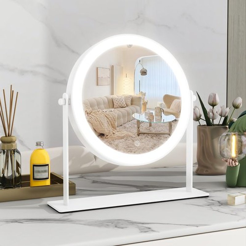 ROLOVE 10"x10" Lighted Makeup Mirror, Vanity Mirror with Lights, Dimmable Touch Screen, Light up Mirror, Portable Travel Mirror, Cosmetic Mirror for Makeup Desk, 360° Rotation, White