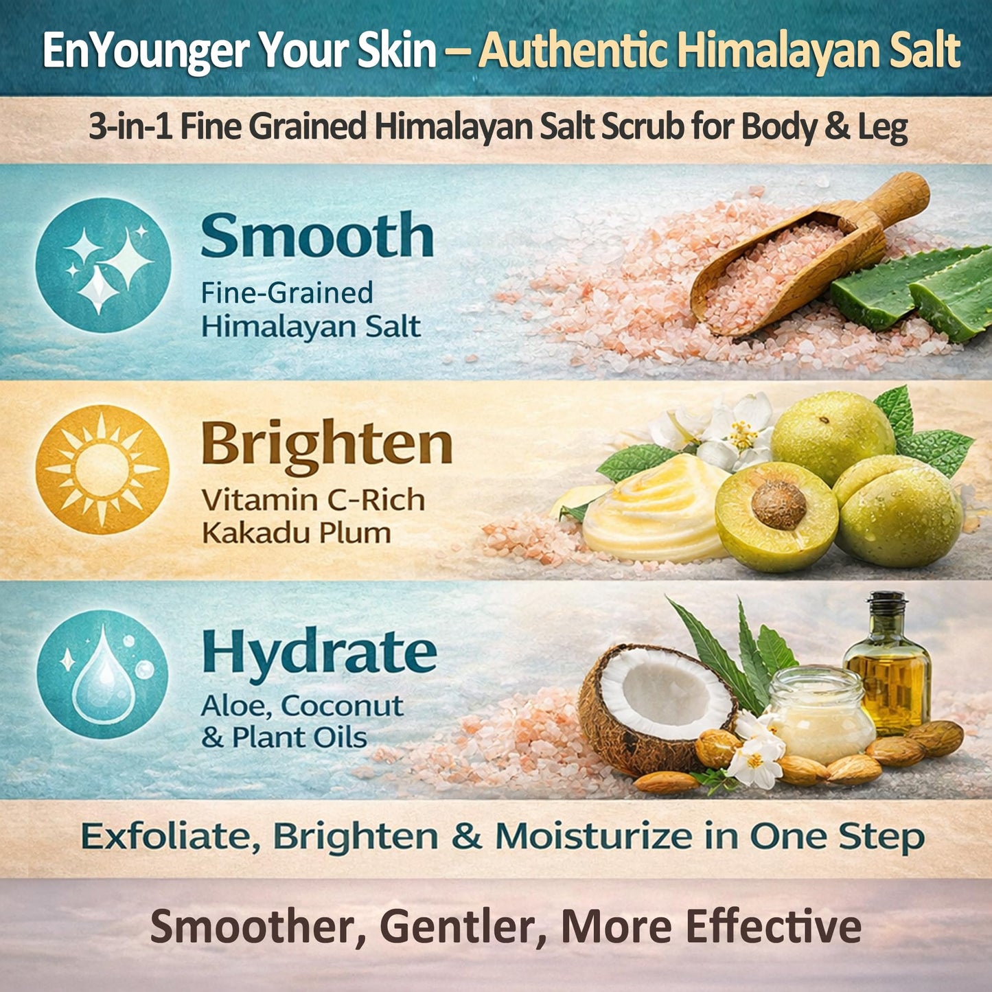 EnYounger™ 3-in-1 Fine-Grained Himalayan Salt Scrub for Body & Legs – Exfoliate/Smooth, Brighten & Hydrate Naturally (10 oz / 283 g)