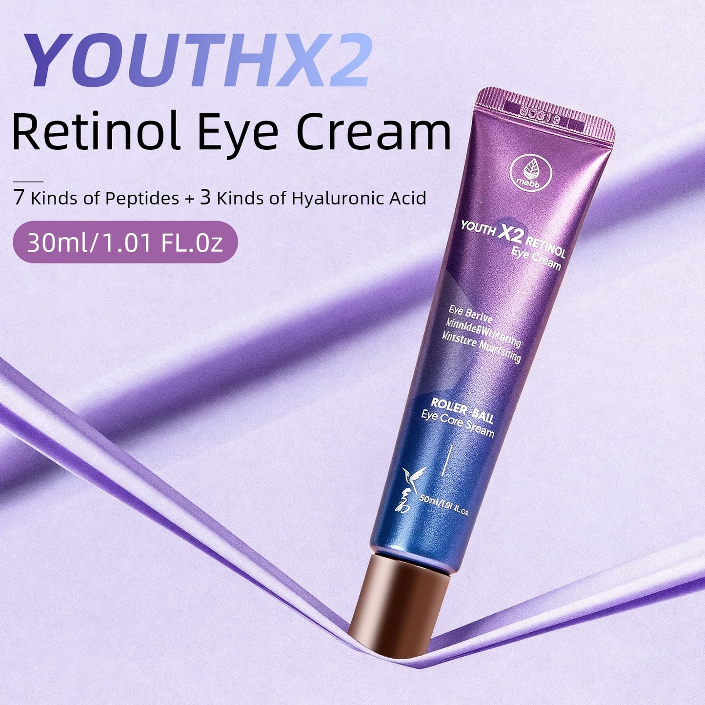 MEDB Youth X2 Eye Cream – Korean Skincare with Peptides & Cooling Triple Roller for Hydrated, Refreshed Eyes – 30ml / 1.01 fl oz