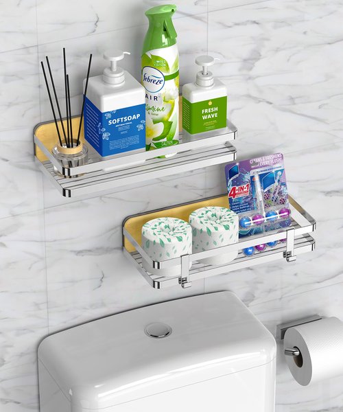 ROYAL CRAFT WOOD Shower Caddy Shelf 2-Pack - Adhesive, No-Drill, Rustproof Bathroom Organizer, Large Capacity Shower Shelves