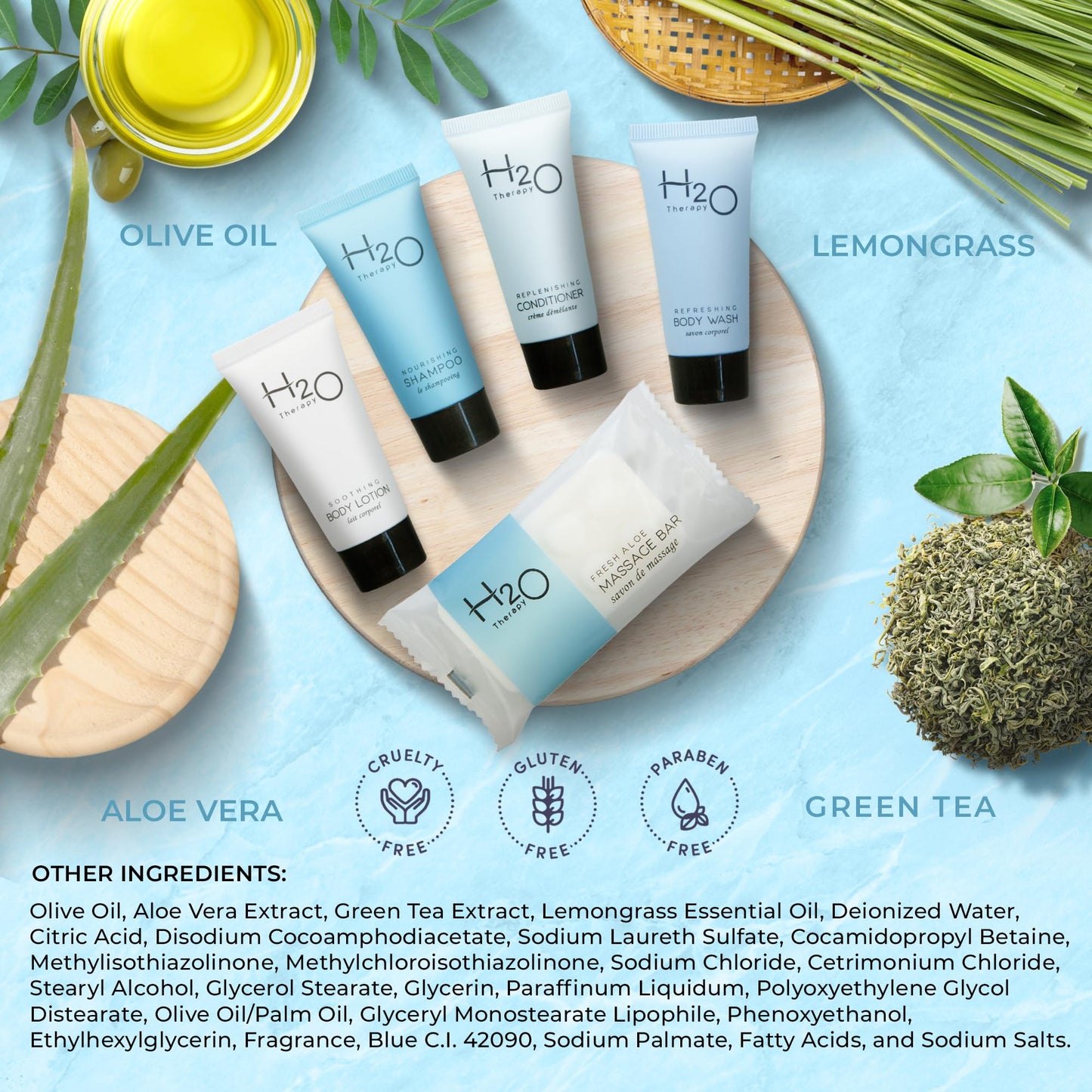 H2O Therapy Amenity Kit | Hotel Bulk Toiletries | 0.85 oz Shampoo, Conditioner, Lotion, Body Wash, Body Bar Soap for Guest Hospitality Vacation Rentals | 15 Sets/Case