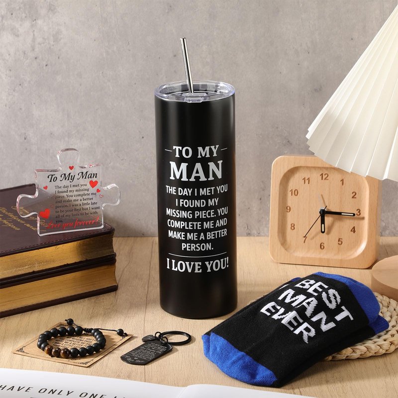 Geiserailie 5 Pcs Mens Gifts Basket Fathers Day Basket for Men To My Man Bracelet Keychain Tumblers Socks for Father Husband Boyfriend