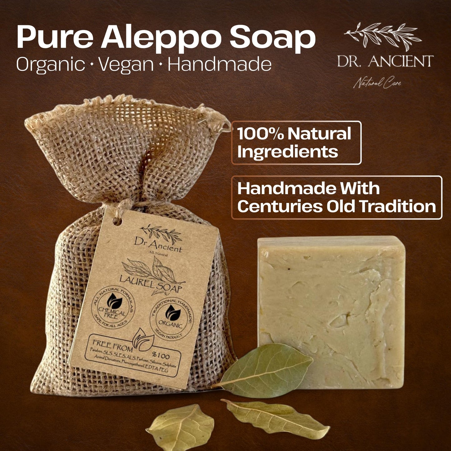 Dr.Ancient Aleppo Laurel Soap Bar, Organic Soap Bars Handcrafted the Traditional Way, Natural Chemical-Free, Vegan, Used for Face Wash, Body Wash, Hand Cleansing and Daily Skin Care, Gentle Cleanser