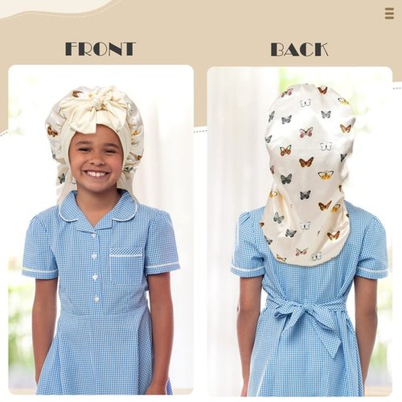 Kids Long Hair Bonnet for Sleeping - Double Layer Girls Elastic Satin Bonnet with Tie Band for Braid Curly Hair (Butterfly+Beige)