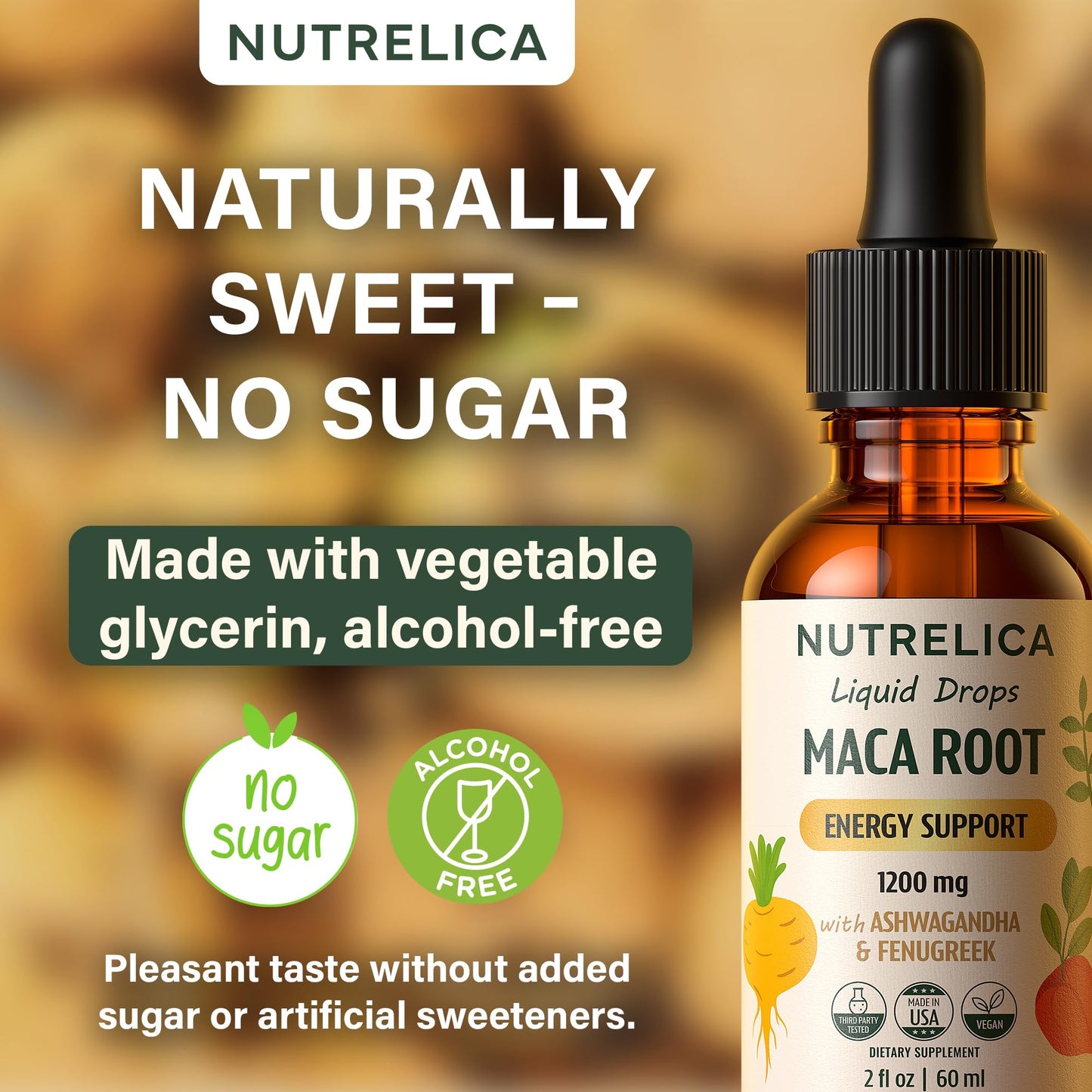 NUTRELICA Maca Root with Ashwagandha & Fenugreek – Herbal Wellness & Vitality Support – 1200mg, No Sugar, Vegan, Non-GMO