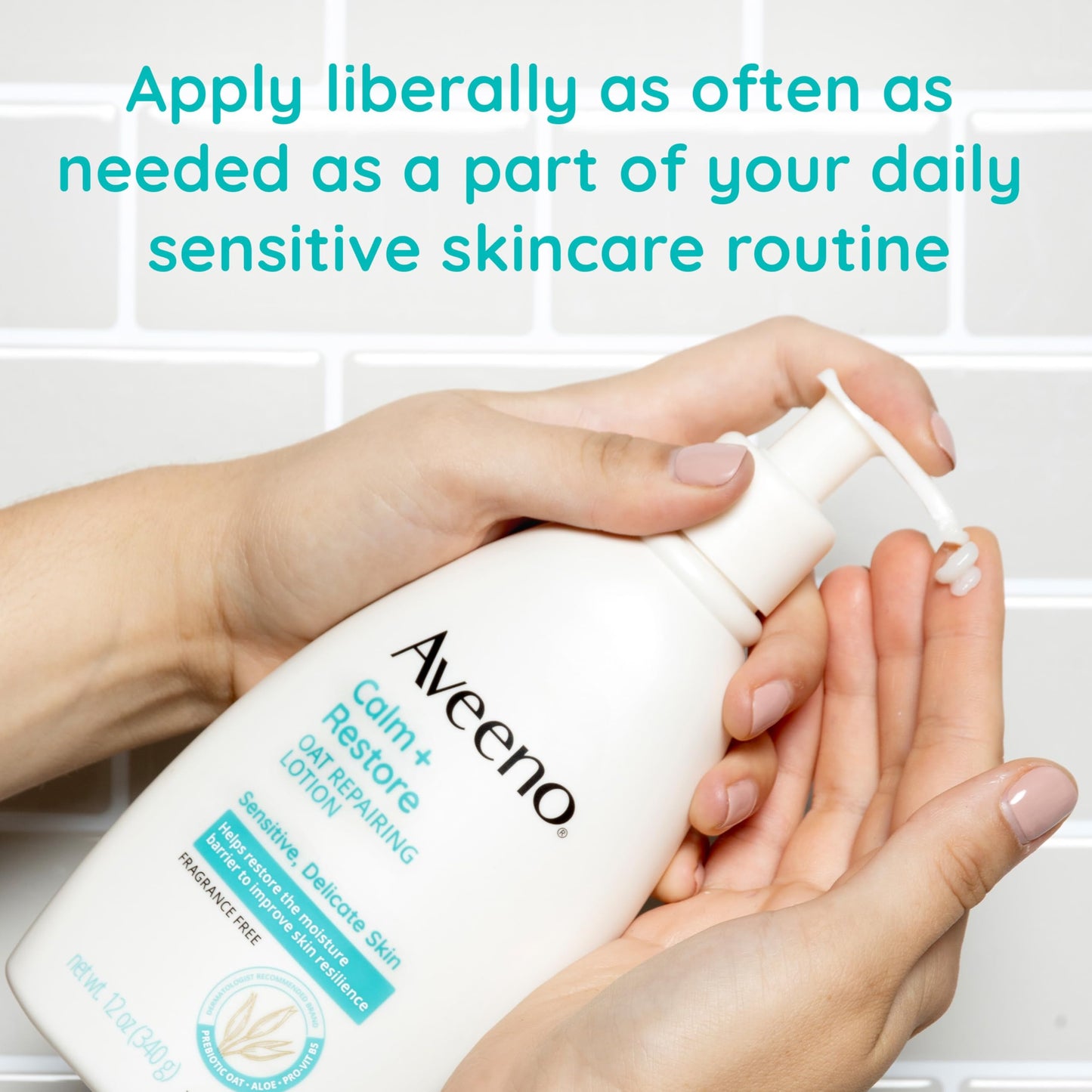 Aveeno Calm + Restore Oat Repairing Body Lotion for Sensitive Skin,Daily Moisturizer with Prebiotic Oat,Aloe & Pro-Vitamin B5,Fragrance Free Body Lotion Helps Heal Dry Skin,12 oz,(Pack of 12)