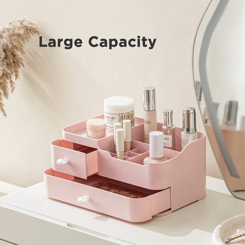 HBlife Plastic Makeup Organizer for Vanity with 2 Drawers Large Skincare Organizers 8 Compartments Bathroom Organizer Cosmetic Storage, Pink